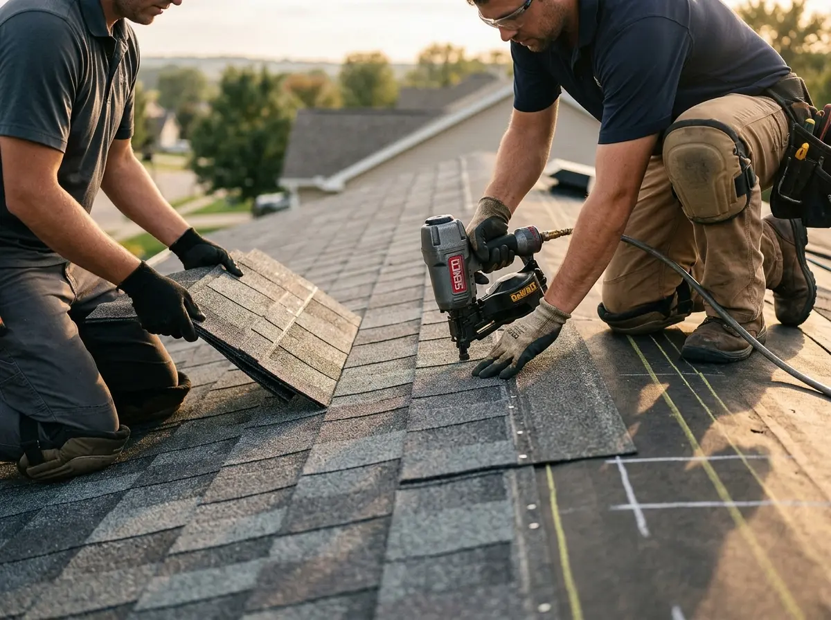 Professional roofer working on a residential roof in Friendly